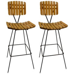 Retro Pair of Umanoff Slatted Wood and Iron Stools