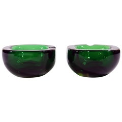 Pair of Vintage Green and Yellow Murano Glass Ashtrays