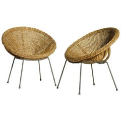 Rattan Wicker Bamboo Italian Design Midcentury Italy, Pair of Lounge Armchairs