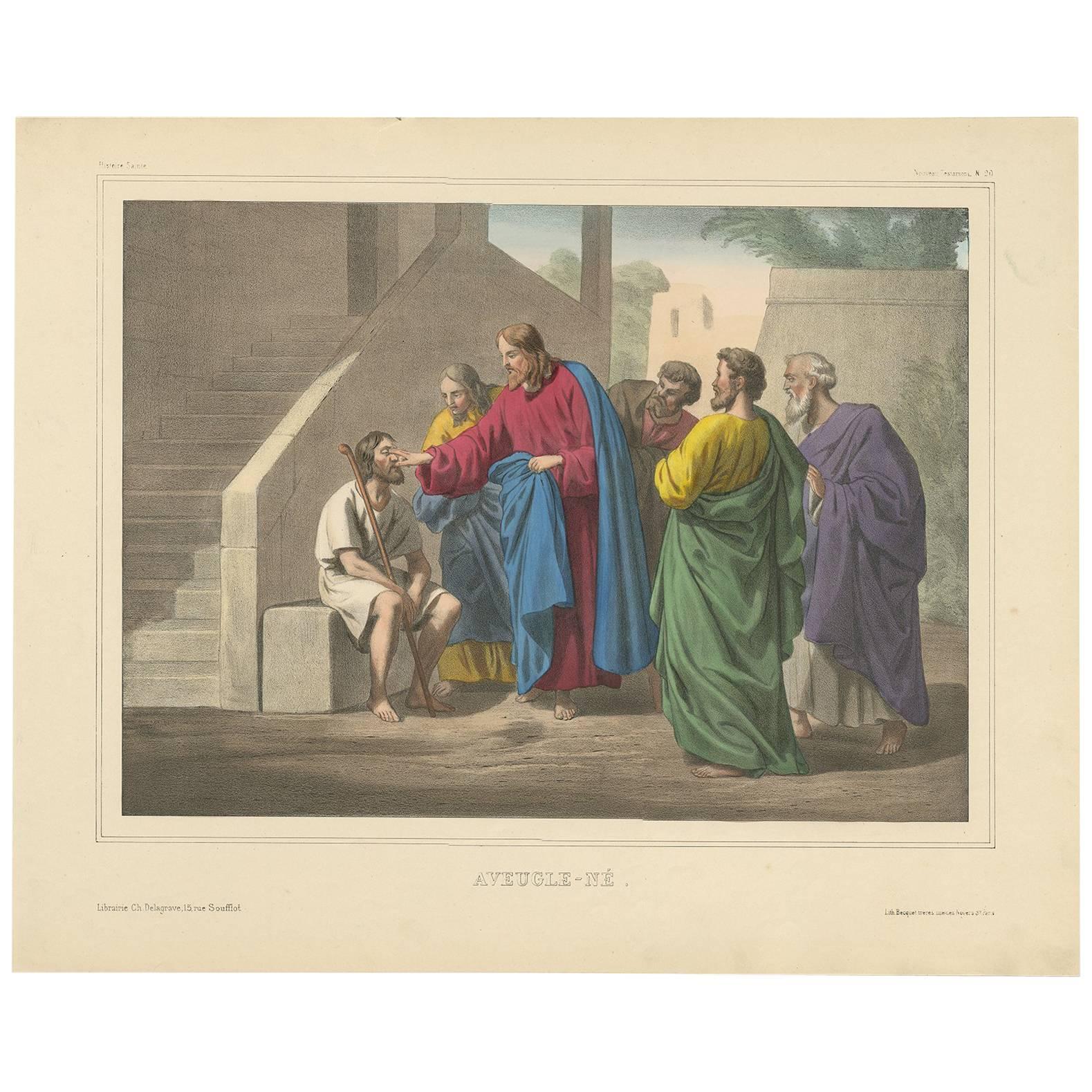 Antique Religious Print 'No. 20' Jesus Heals a Man Born Blind, circa 1840 For Sale