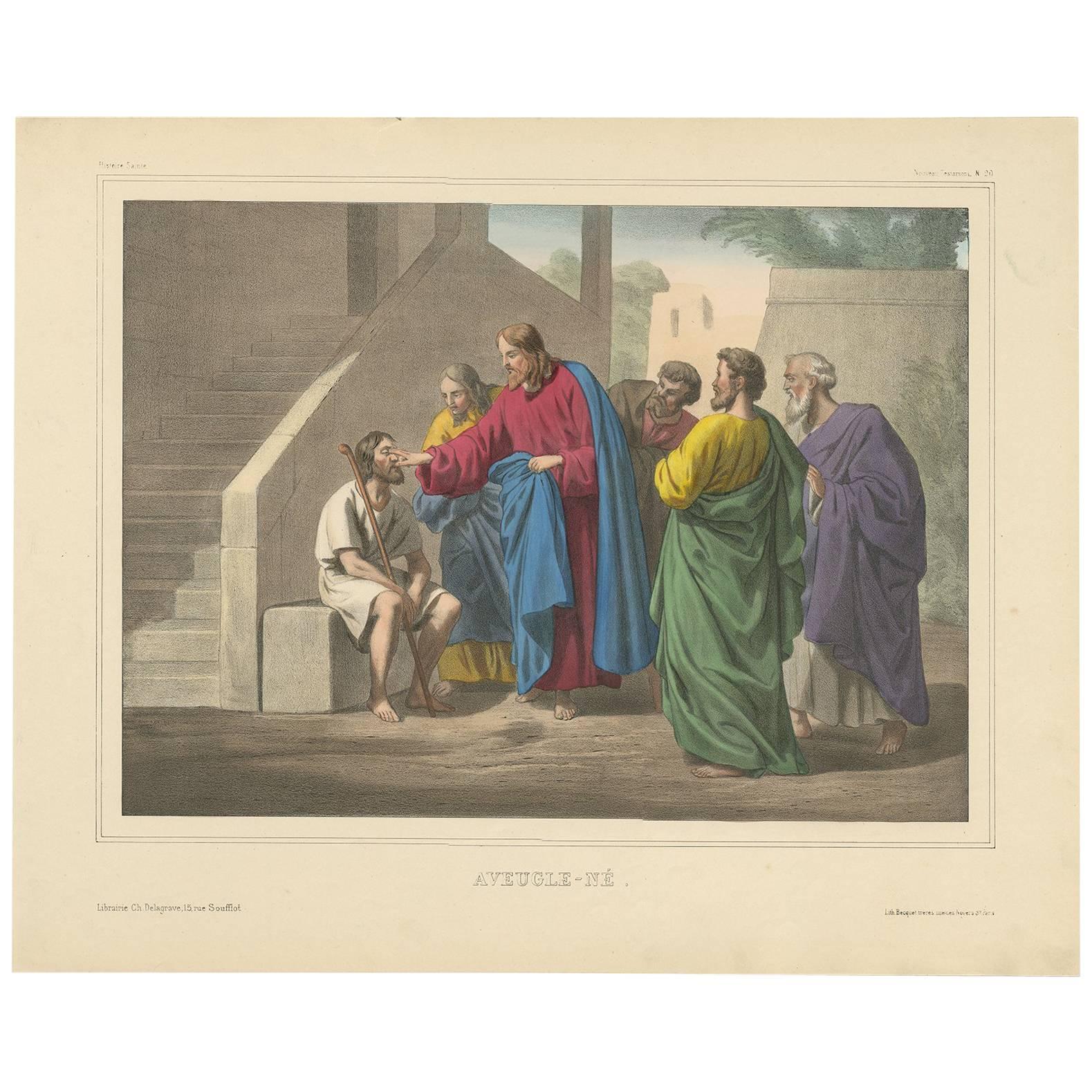 Antiquité - Gravure religieuse 'No. 20' Jésus guérit un aveugle de naissance, circa 1840