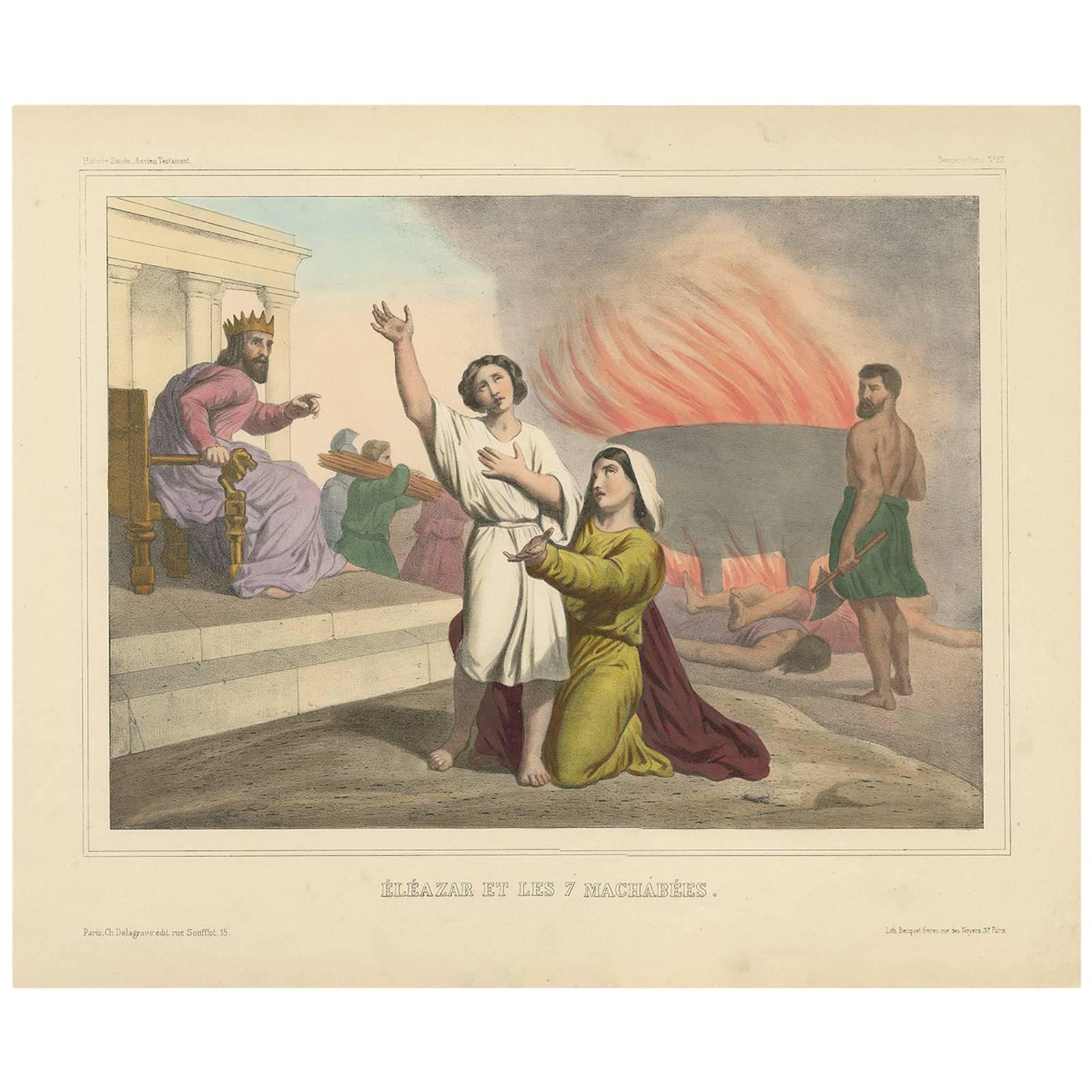 Antique Religious Print "No. 27" Eleazar and the Seven Maccabees, circa 1840 For Sale