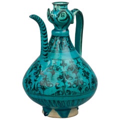 Antique Kashan Black and Turquoise Pottery Ewer with Moulded Cockerel Head, Iran