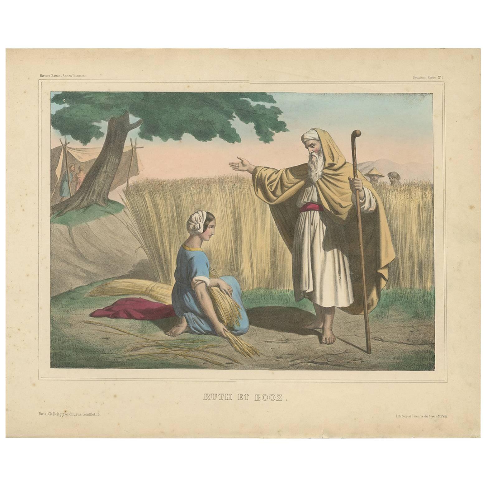 Antique Religious Print "No. 1" Ruth and Boaz, circa 1840