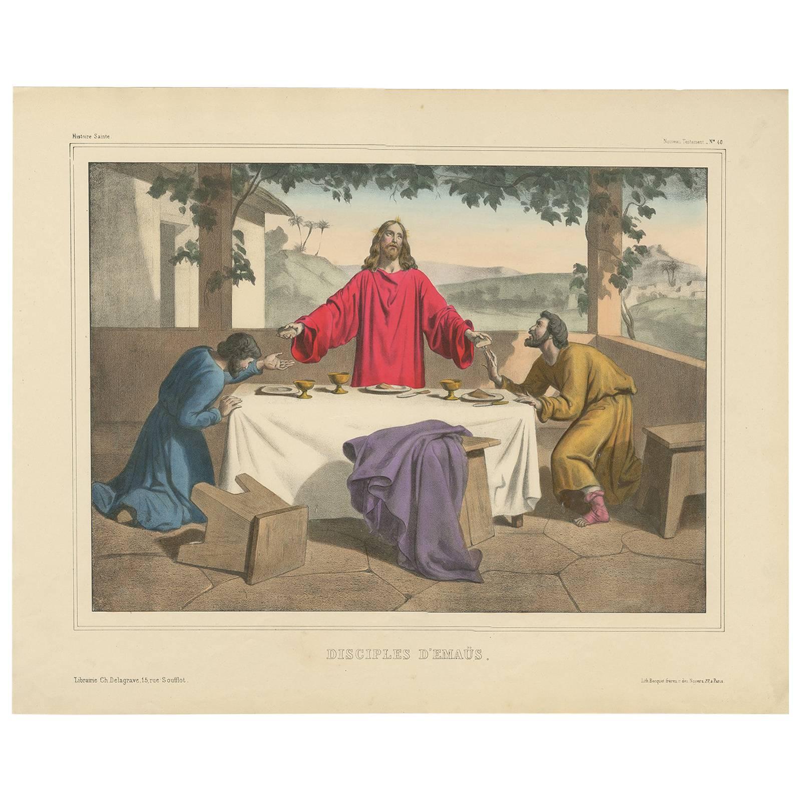 Grabado religioso antiguo "nº 40" Los discípulos de Emaús, hacia 1840