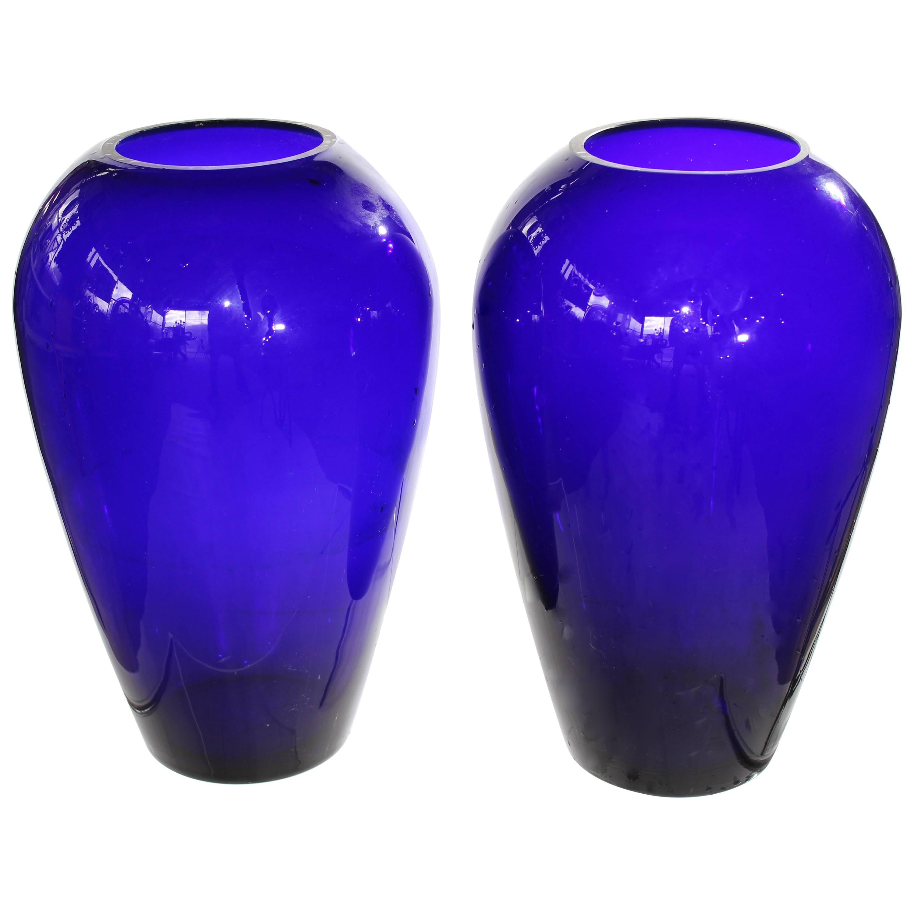 1970s Pair of Venetian Blue Opal Glass Translucent Vases