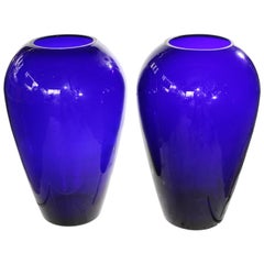 1970s Pair of Venetian Blue Opal Glass Translucent Vases