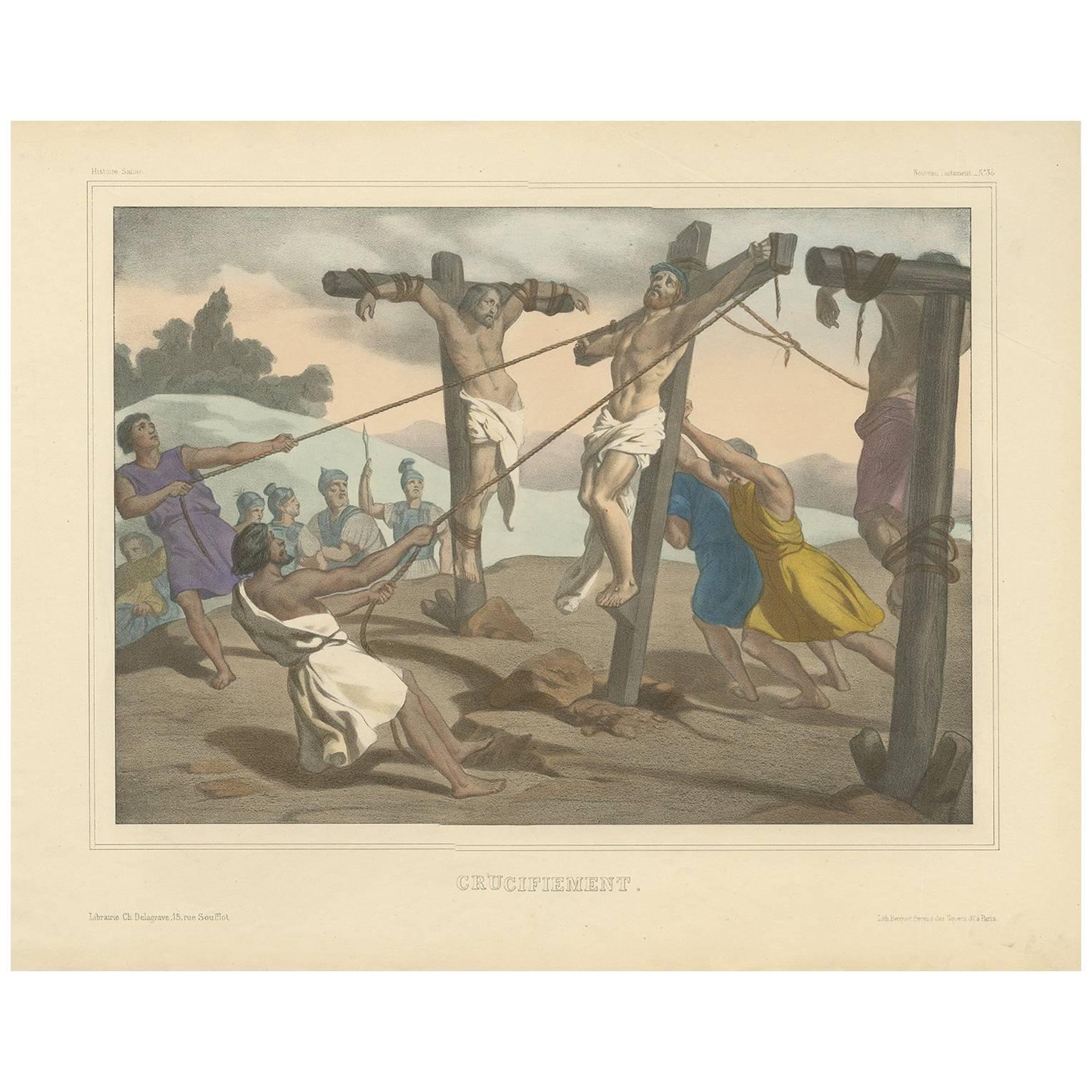 Impression religieuse ancienne « N° 35 » représentant la crucifixion de Jésus, vers 1840 en vente