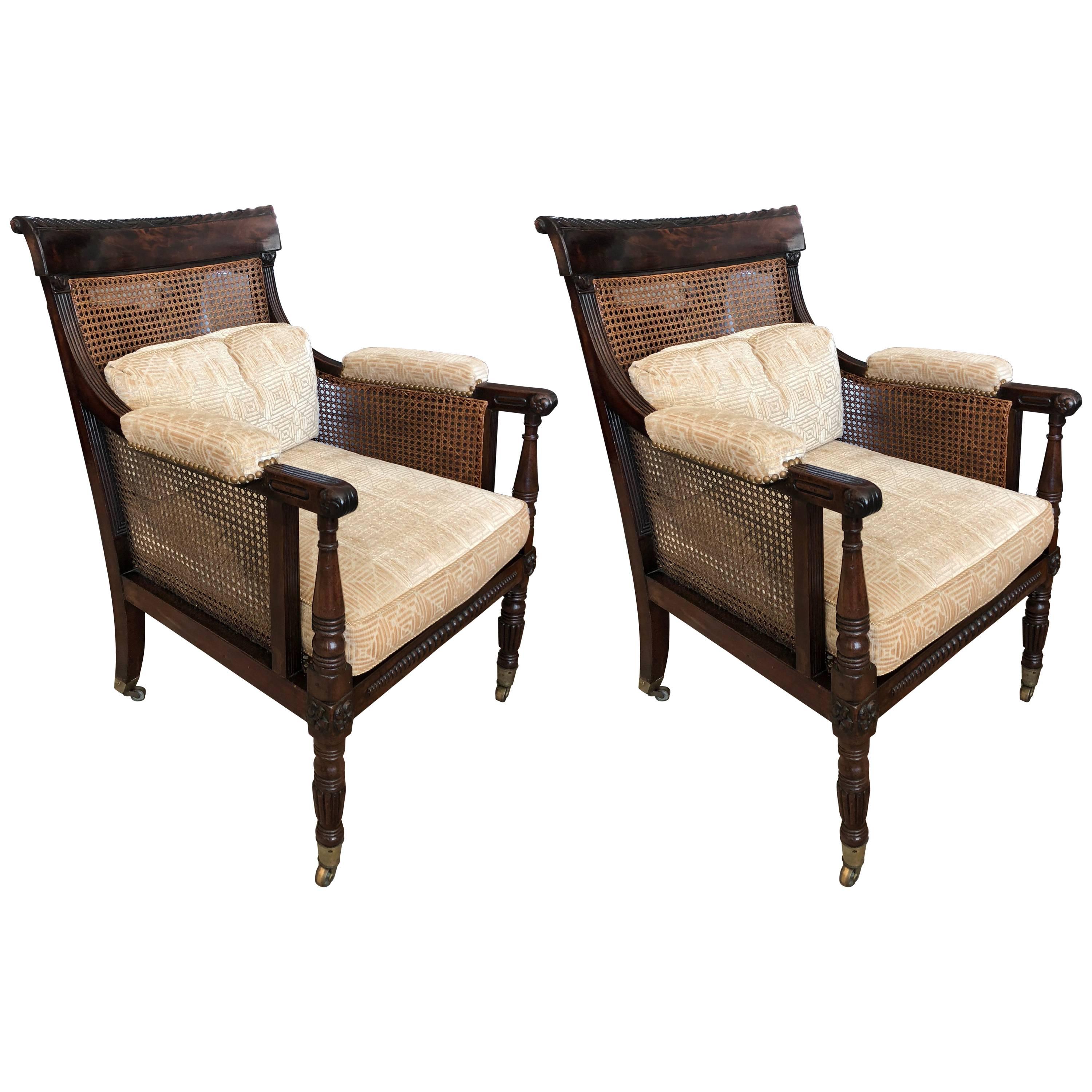 Pair of English Regency Caned Library Bergere Armchairs