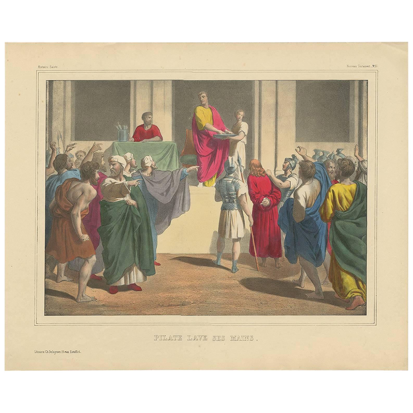 Antique Religious Print 'No. 33' Pilate Washing His Hands, circa 1840