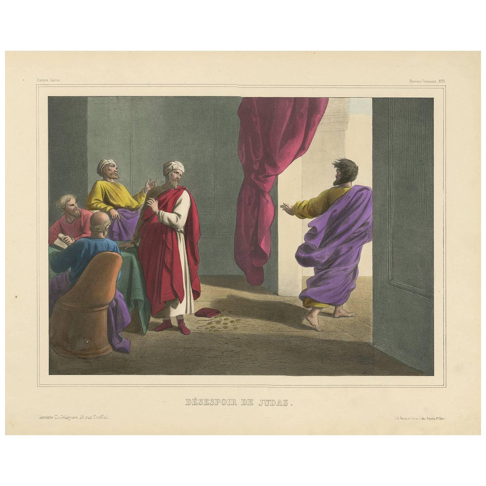 Antique Religious Print 'No. 31' the Despair of Judas, circa 1840 For Sale
