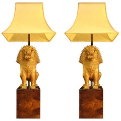 Retro Gold Bronze "Foo Dog" Lamps, Shade in Real Parchment, 1950