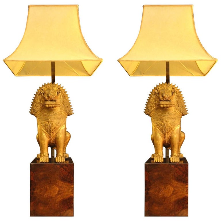Gold Bronze "Foo Dog" Lamps, Shade in Real Parchment, 1950 For Sale at