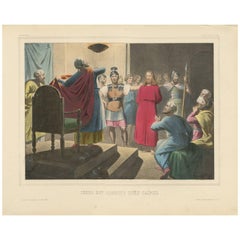 Grabado religioso antiguo 'nº 29' Jesús ante Caifás, hacia 1840