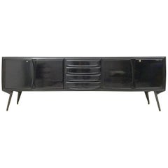 Ebonized Wood Sideboard with Black Opaline Glass Top, Italy, 1950s