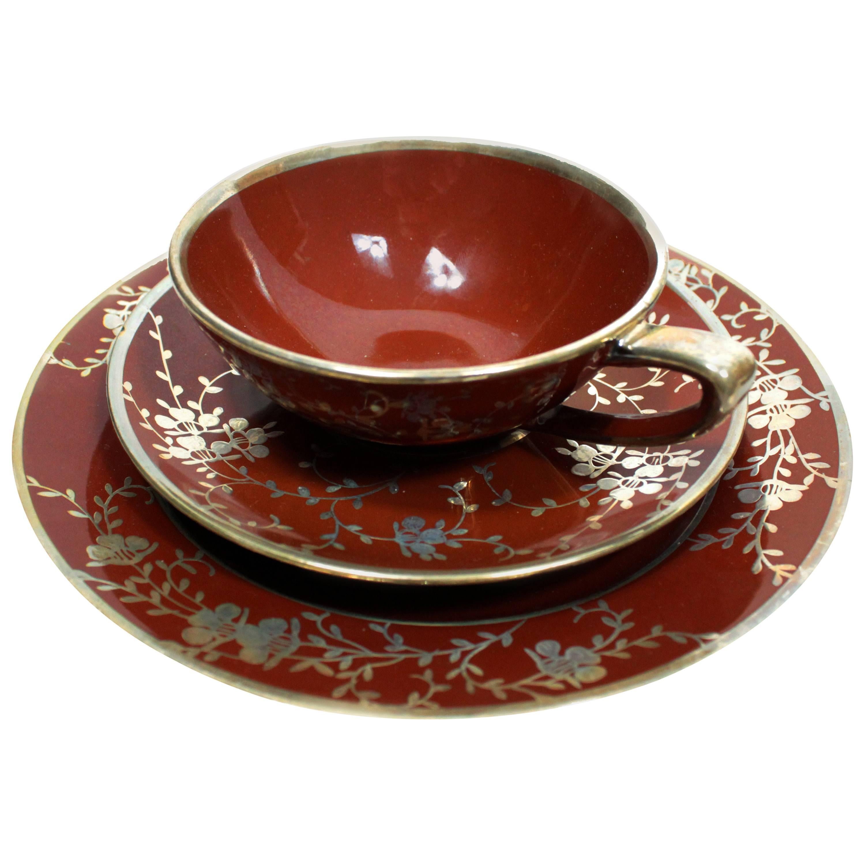 Ginori Ceramic Tea Set with Dessert Plates in 925 Silver, 1940s