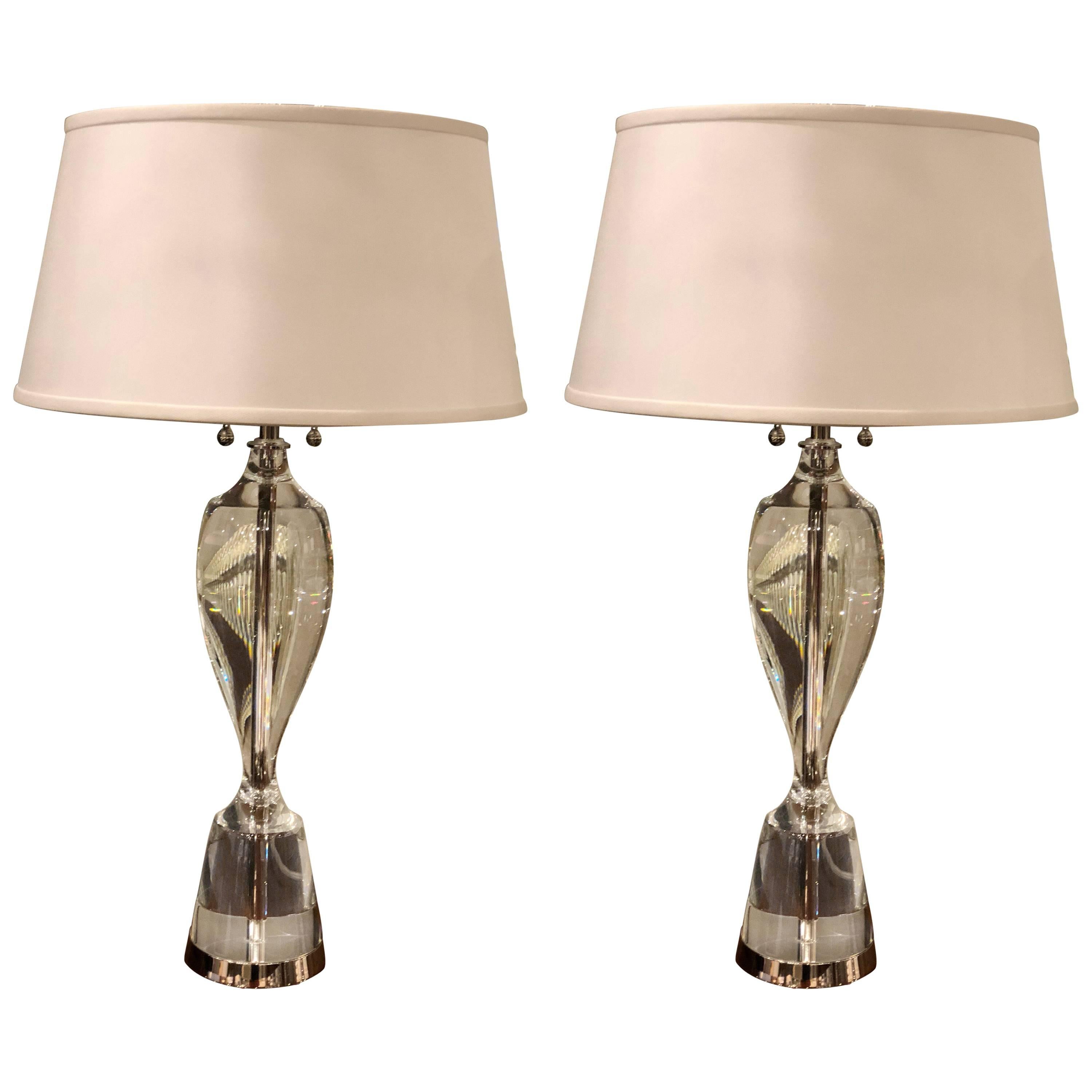Pair of Italian Midcentury Solid Crystal & Nickel Table Lamps, Fontana Arte