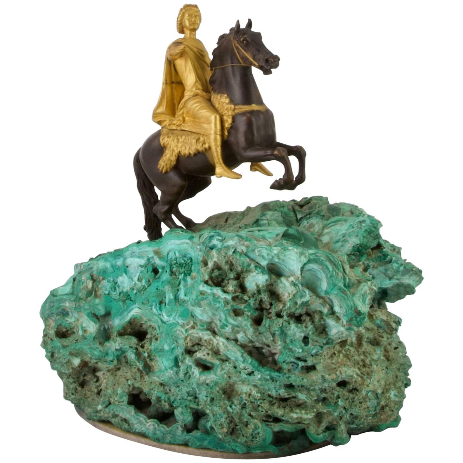 Antique Bronze and Malachite Statue of Peter the Great, circa 1780 For Sale