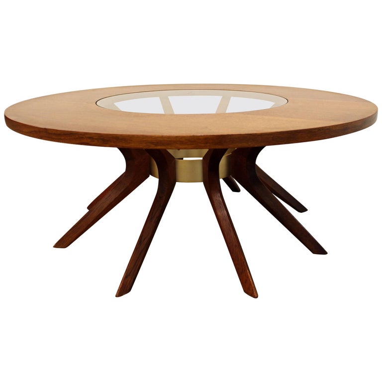 MidCentury Walnut and Glass Sculpted 'Sputnik' Round Coffee Table at