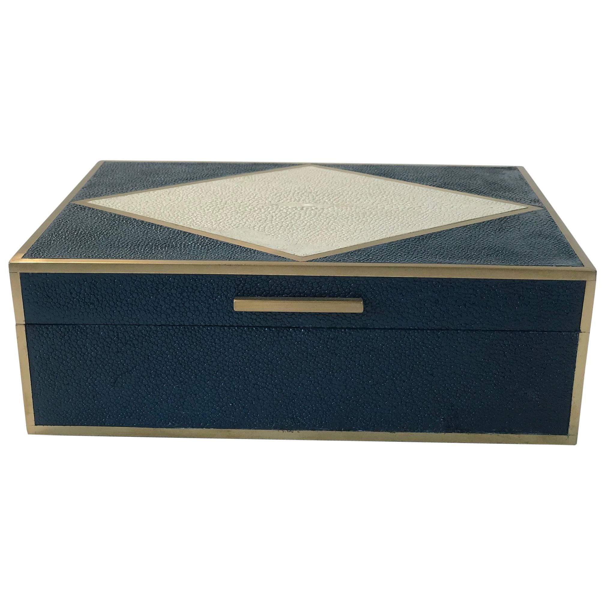 Navy Blue and natural Shagreen Box with Brass Inlay  For Sale