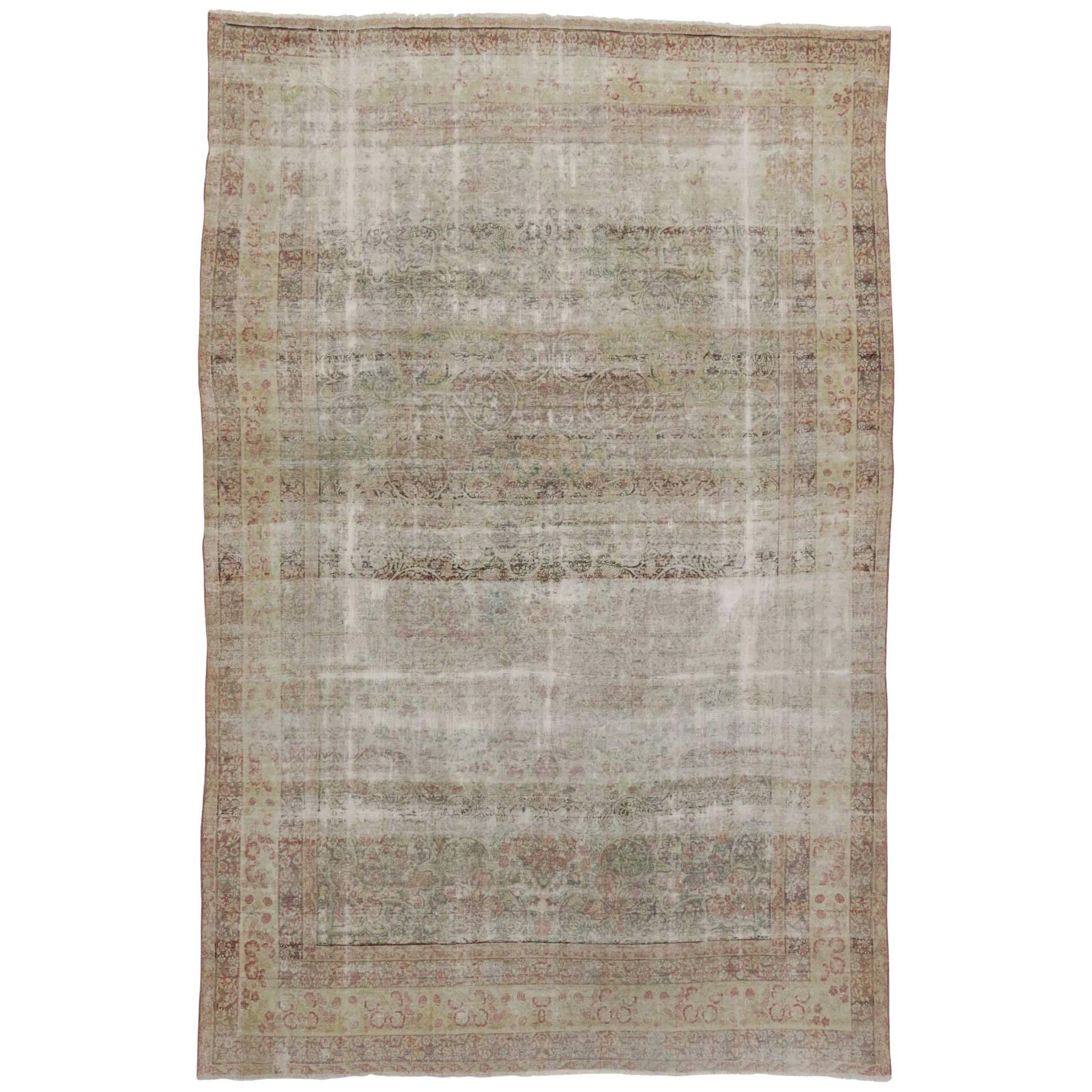 Distressed Antique Persian Kerman Rug with Rustic French Country Style