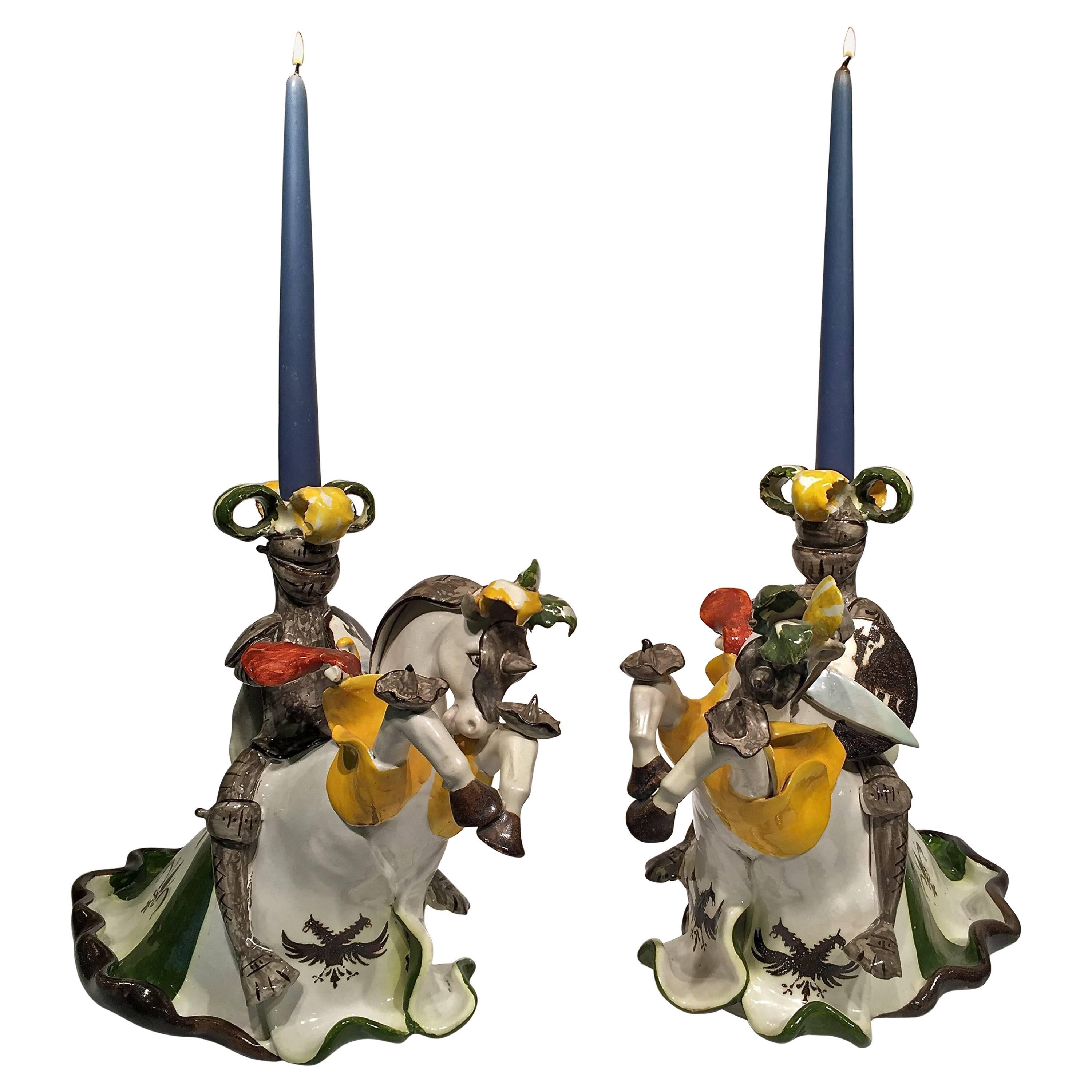 A. MINIATI Art Deco Italian Ceramic Pair of Brazed Candlesticks, circa 1930 For Sale