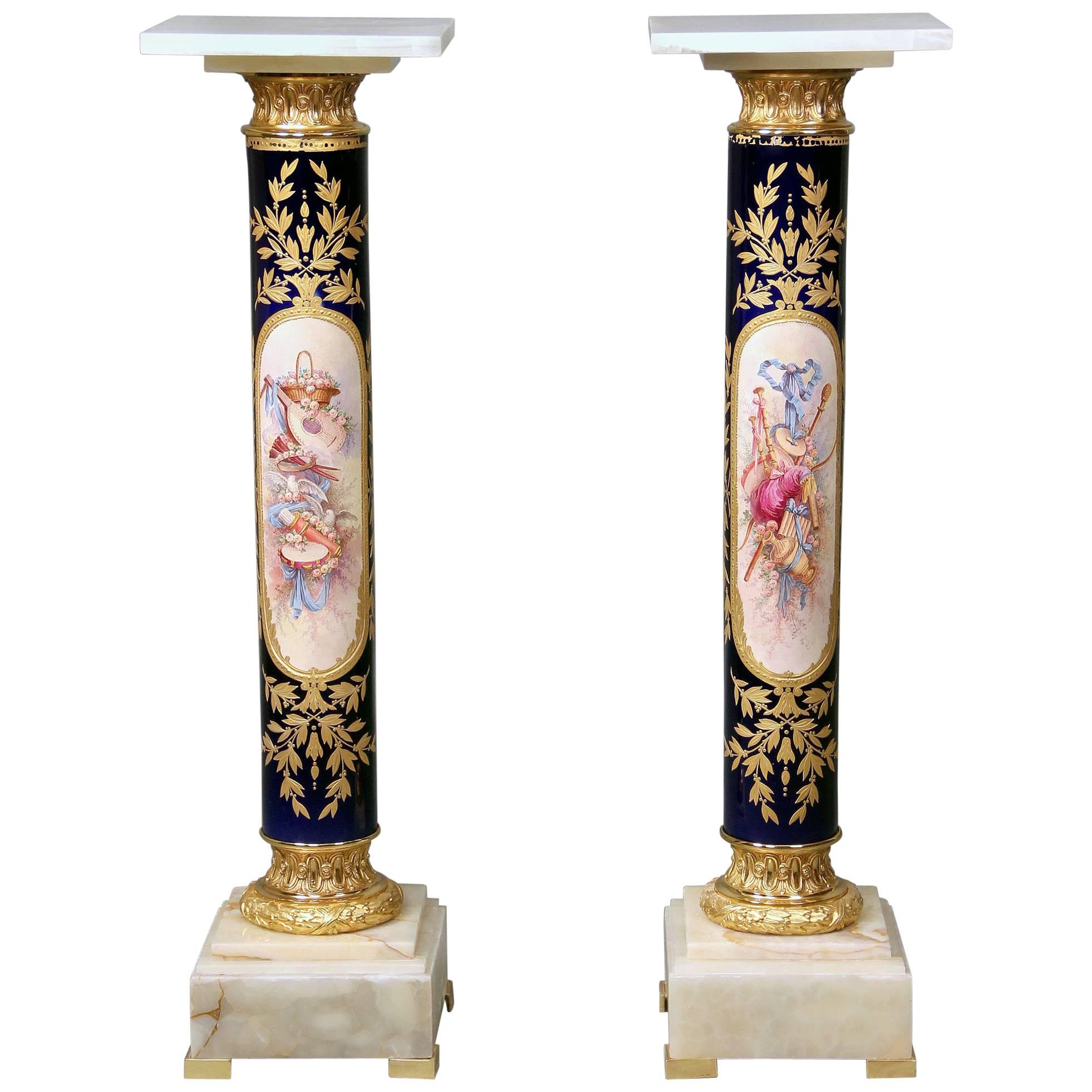 Pair of Late 19th Century Gilt Bronze-Mounted Sèvres Style Porcelain Pedestals