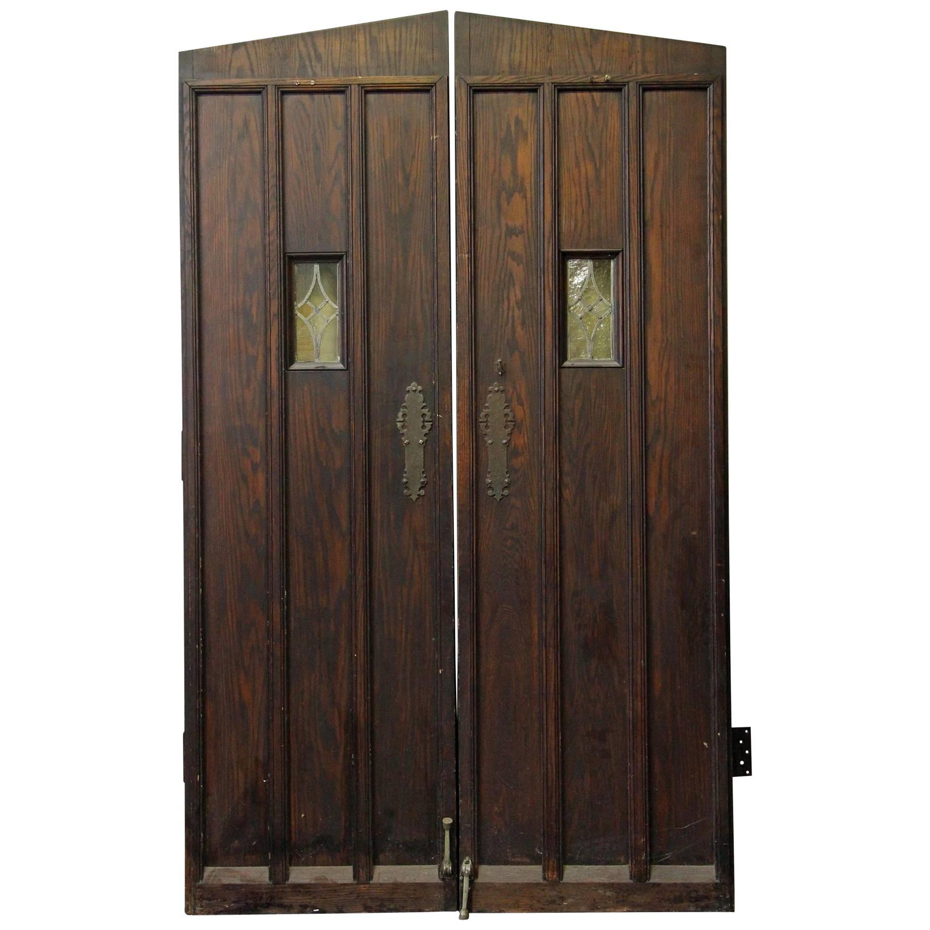 1920s Oak Wine Cellar Double Entry Doors with Gothic Arch