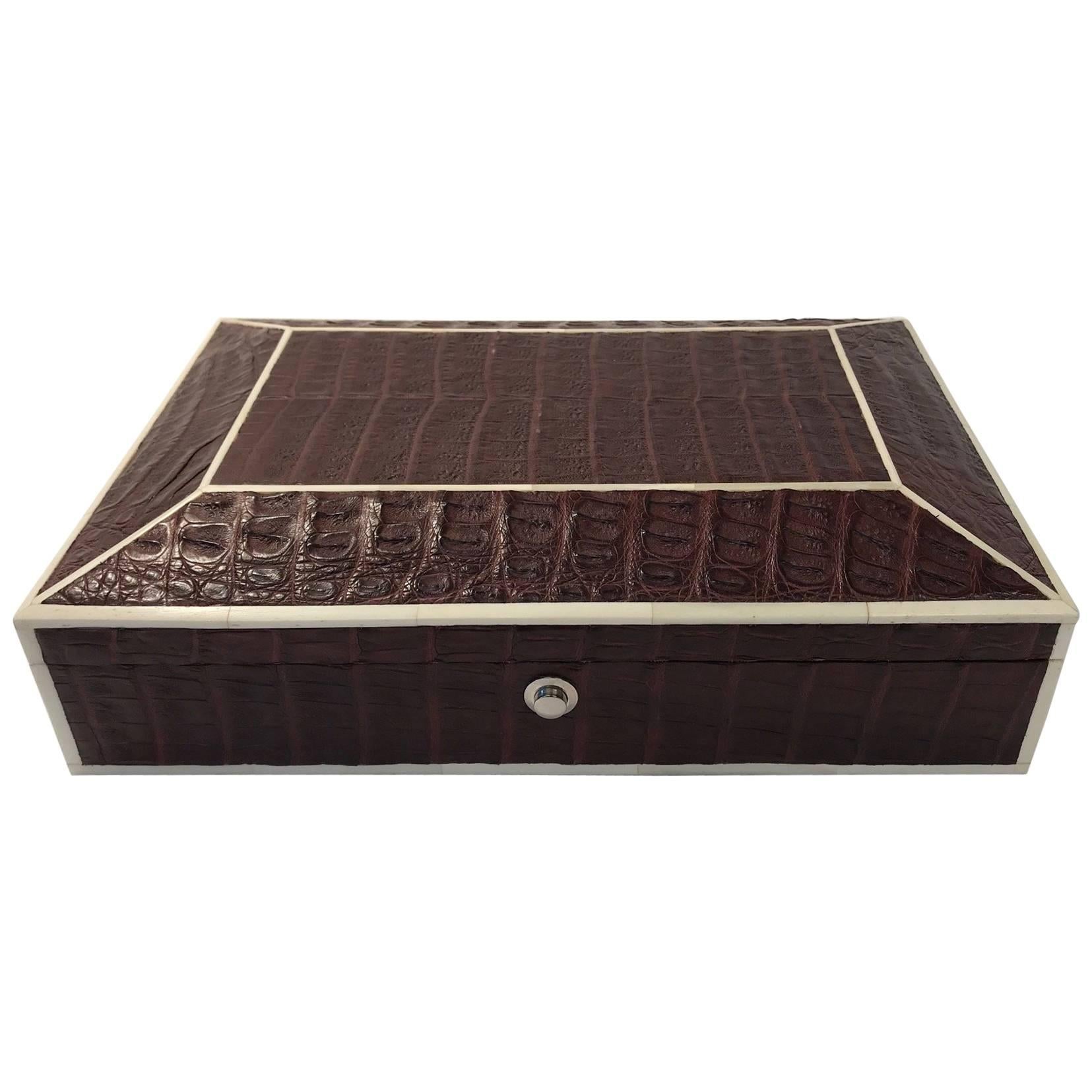 Genuine Brown Crocodile Box with Bone Inlay For Sale