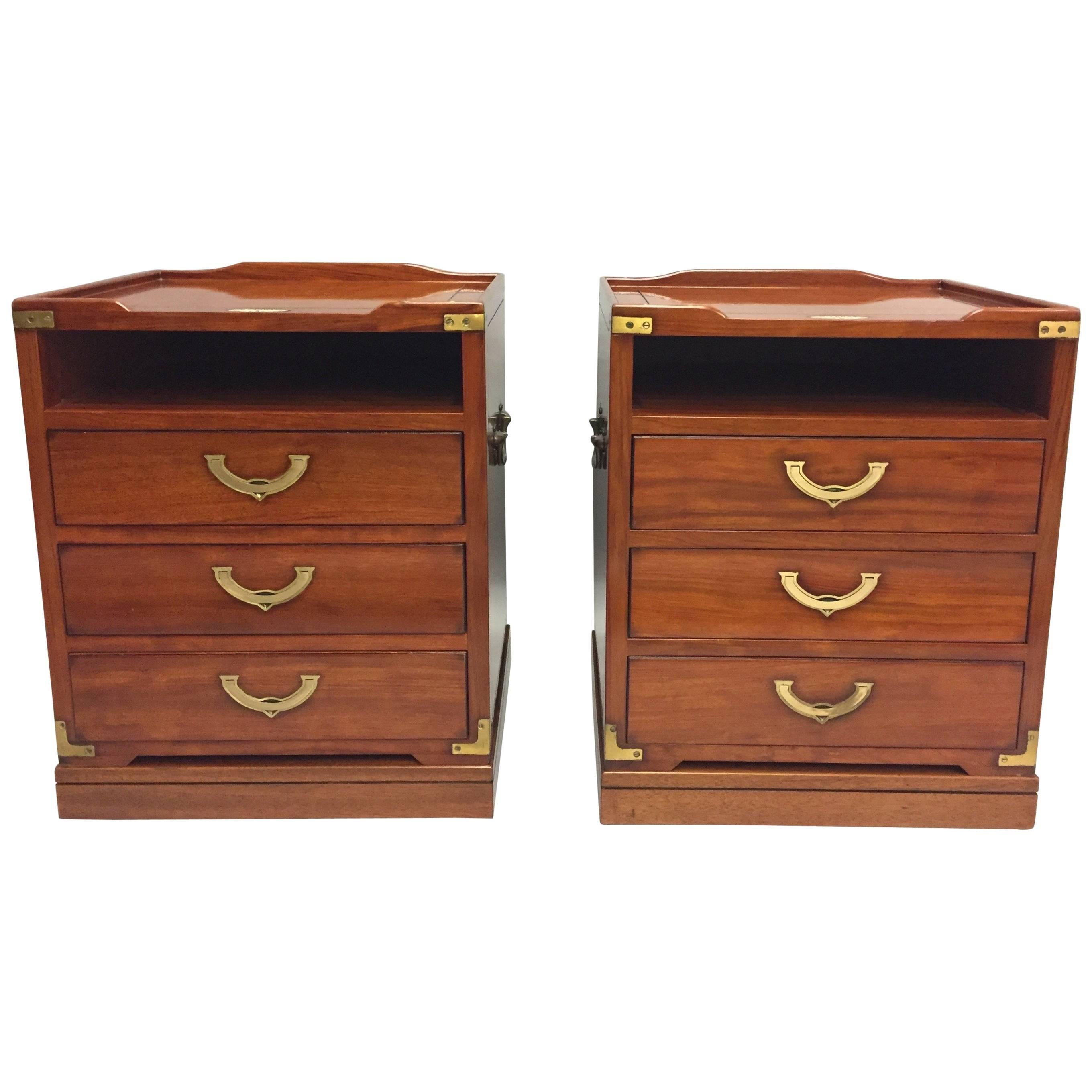 Refined Pair of Mahogany Campaign Style Nightstands Chests