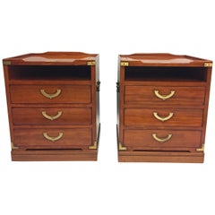 Refined Pair of Mahogany Campaign Style Nightstands Chests