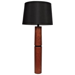 Tall ESA Danish Modern Teak and Black Leather Sleek Barrel Table Lamp, 1950s