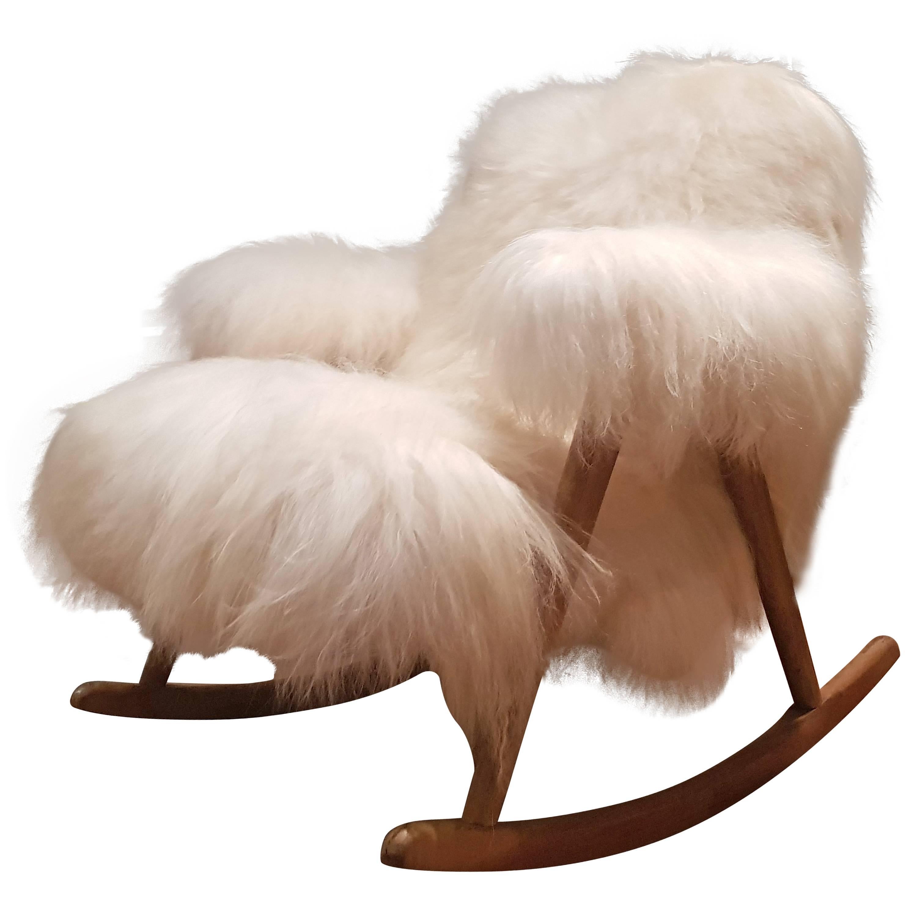 Scandinavian Rocking Chair Reupholstered with Norlandic Longhair Sheep For Sale