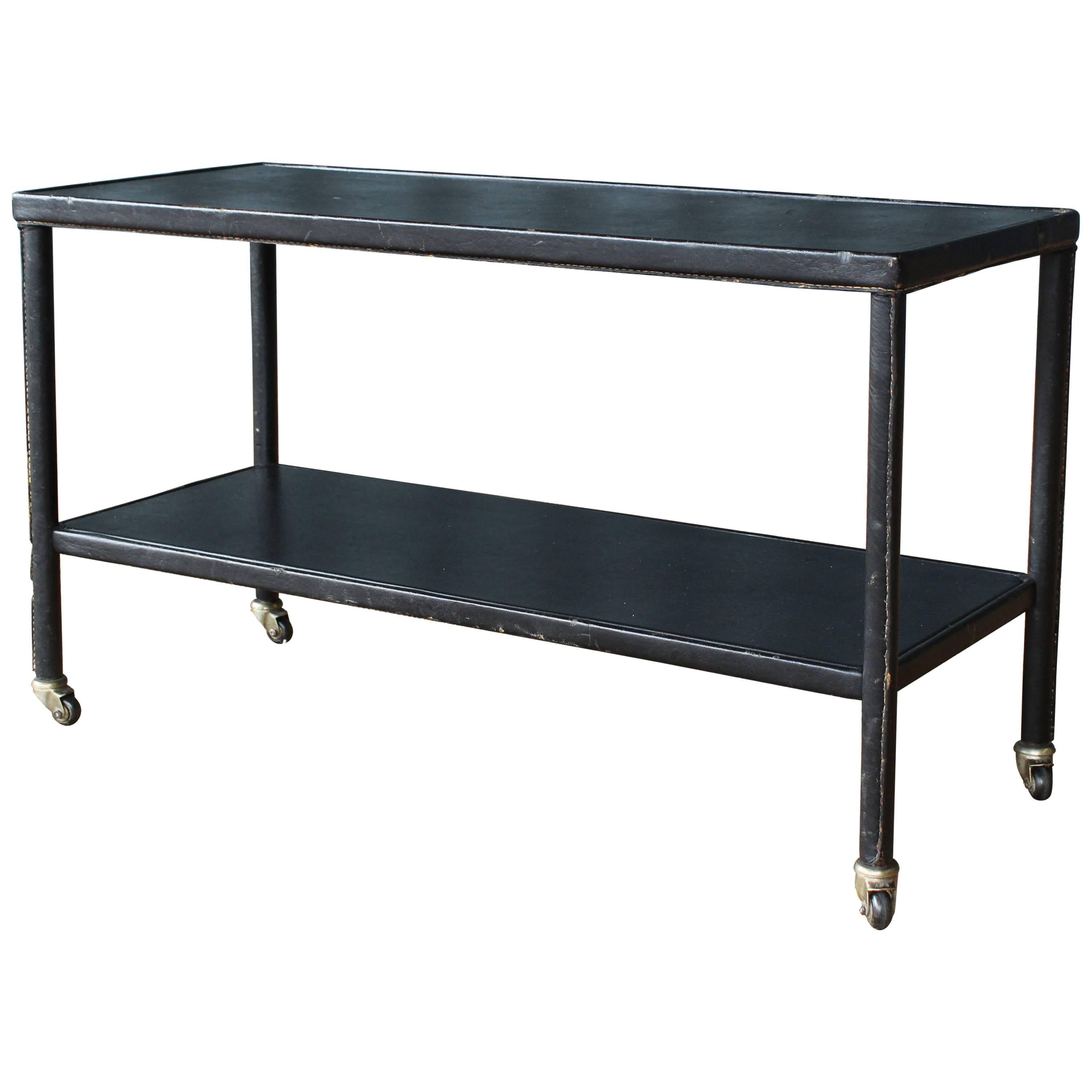 Jacques Adnet Leather Wrapped Shelf on Casters