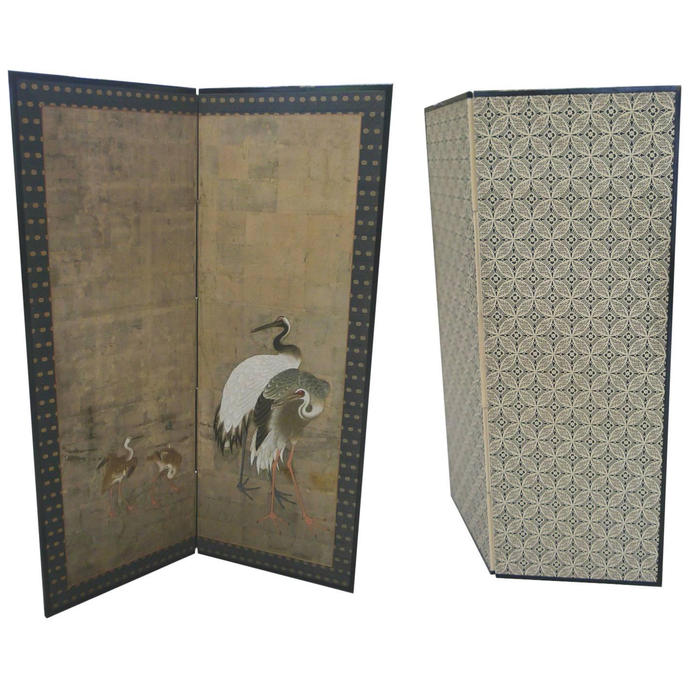Antique Japanese Four-Panel Folding Screen with Hand-Painted Cranes