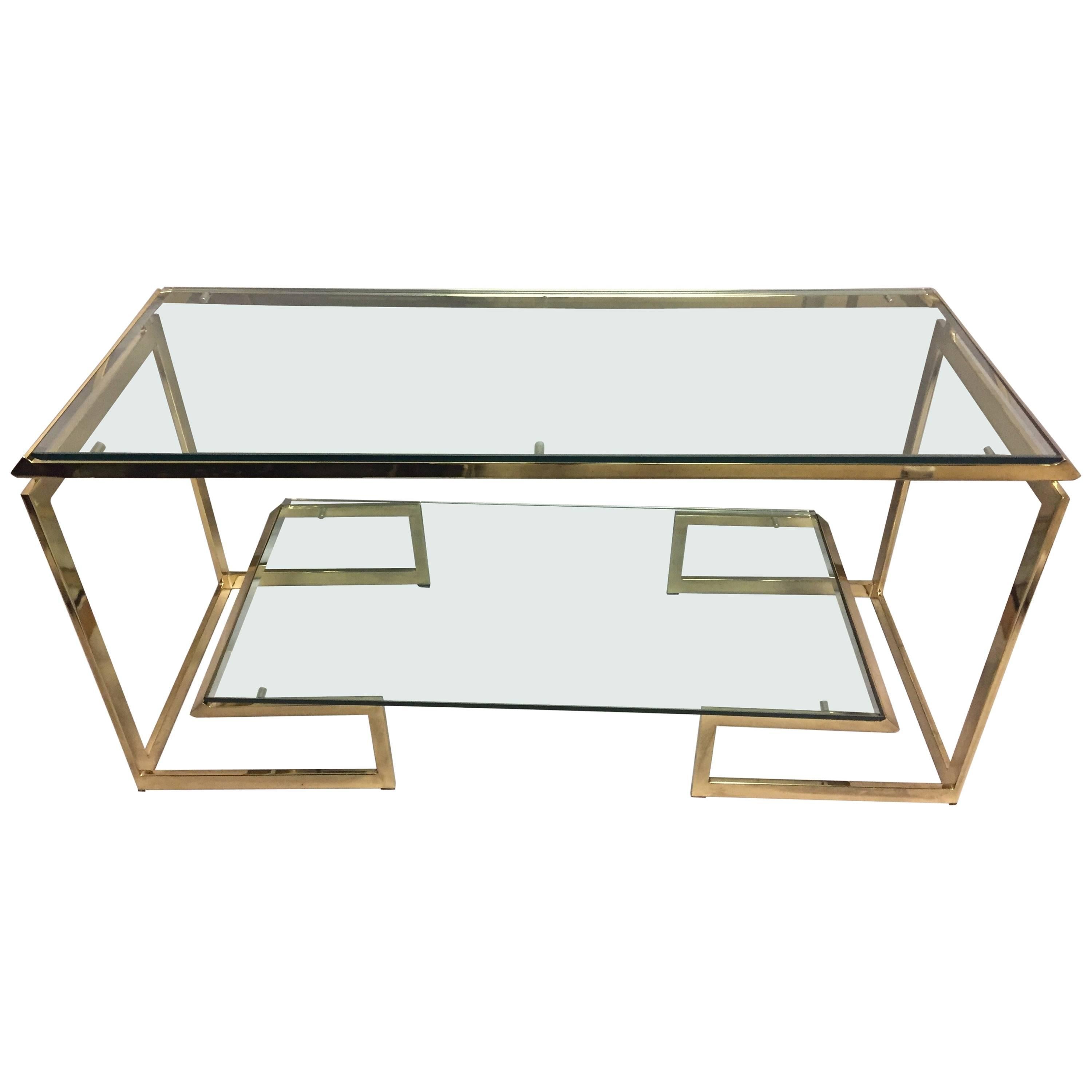 Glamorous Brass and Glass Two-Tier Milo Baughman Style Console Table