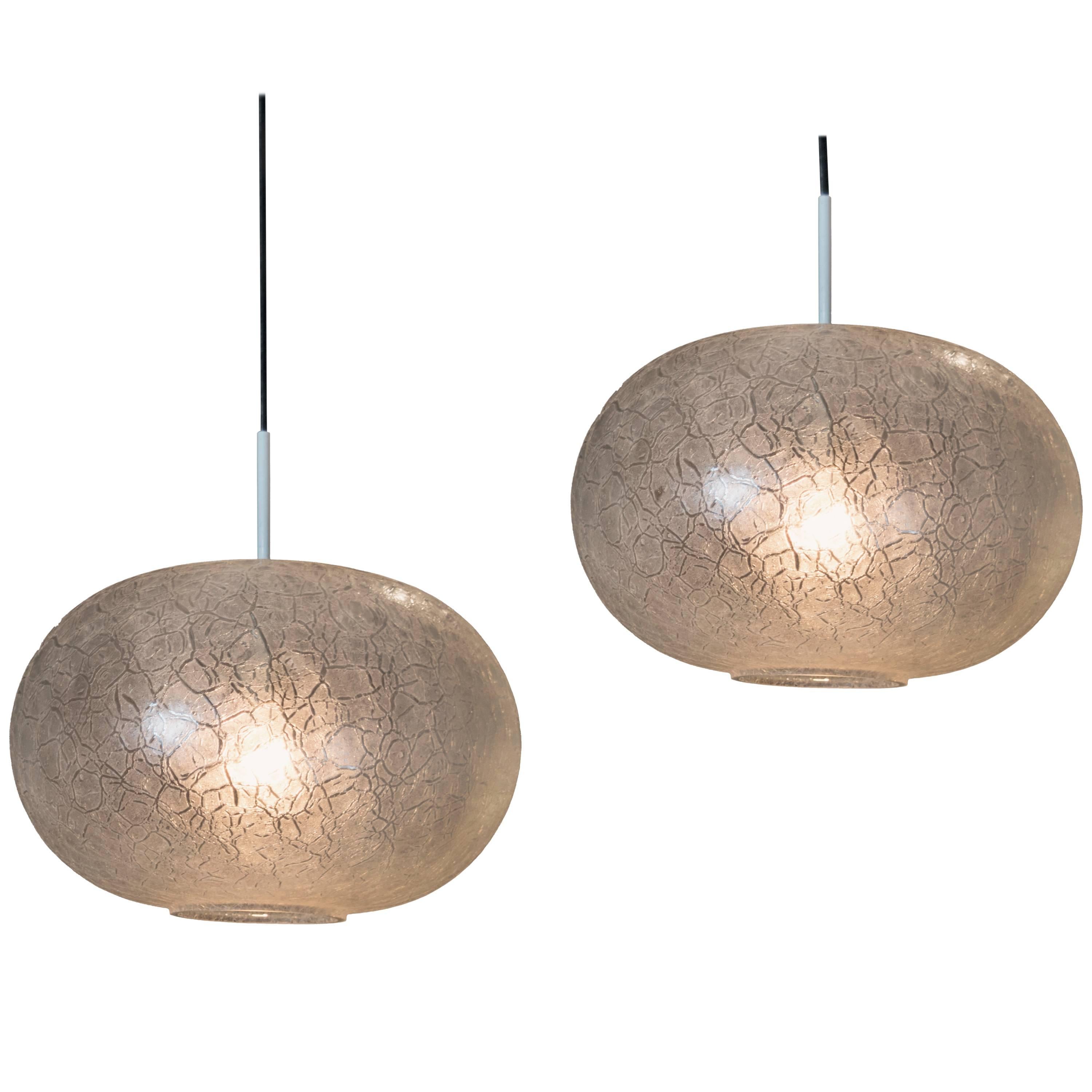 Large Pair of Doria Frosted Crackled Glass Elliptical Pendant Lights For Sale
