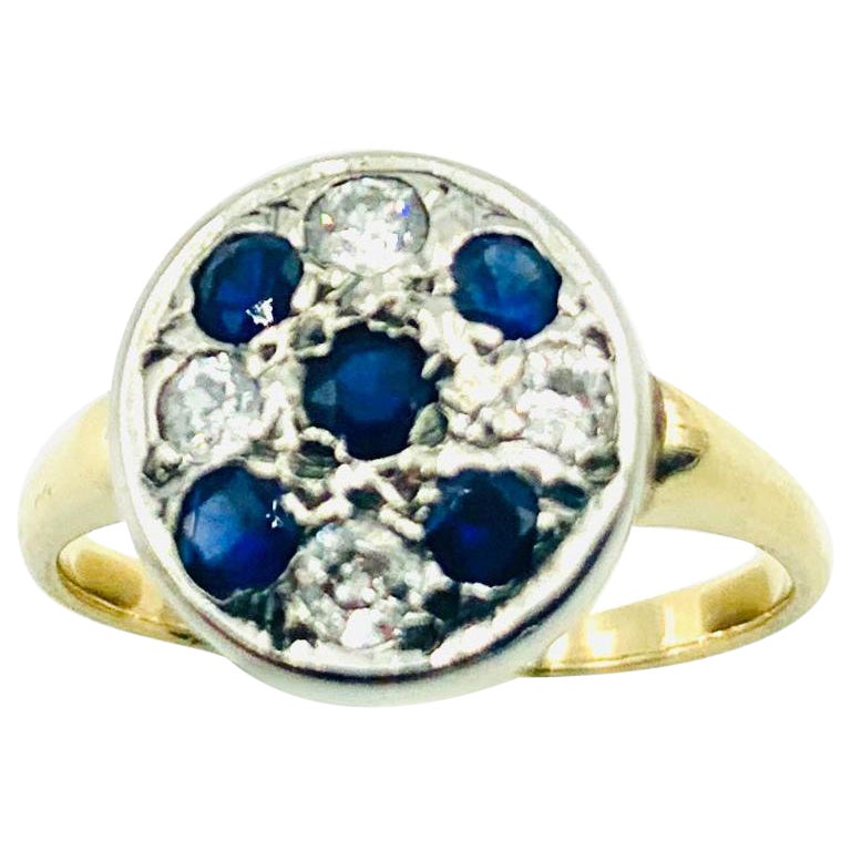 Art Deco Diamond, Sapphire 14K Yellow Gold, Platinum Circle Ring For Sale