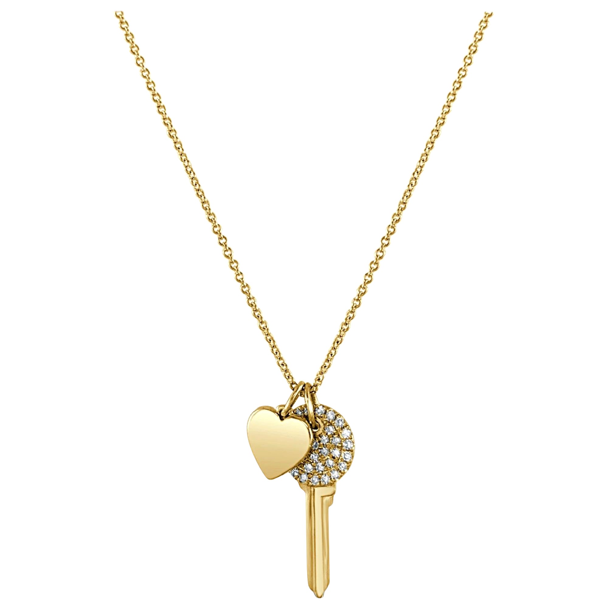 14 Karat Yellow Gold 0.14 Carat Diamond Key and Heart Necklace