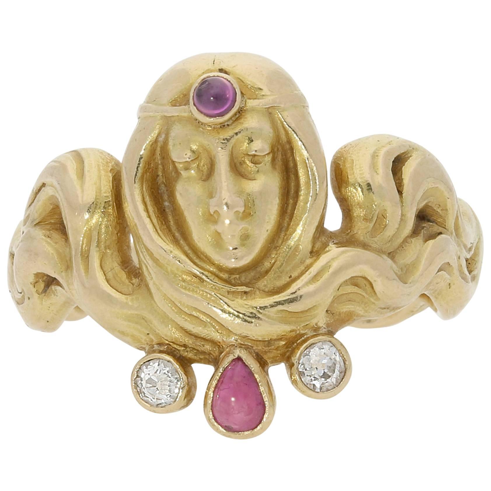Art Nouveau Gold, Ruby And Diamond Ring By Sandoz, c.1900