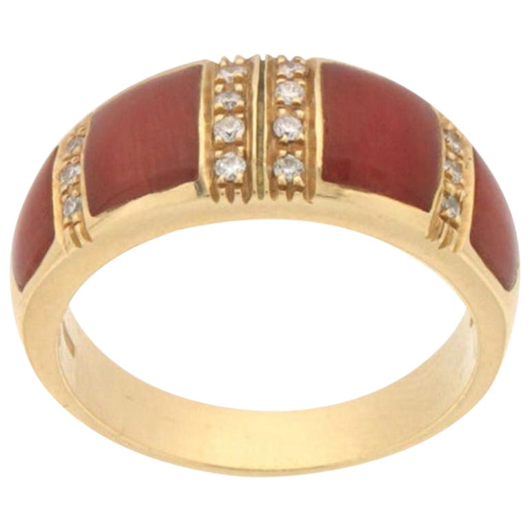 Handcraft Coral 18 Karat Yellow Gold Diamonds Band Ring For Sale