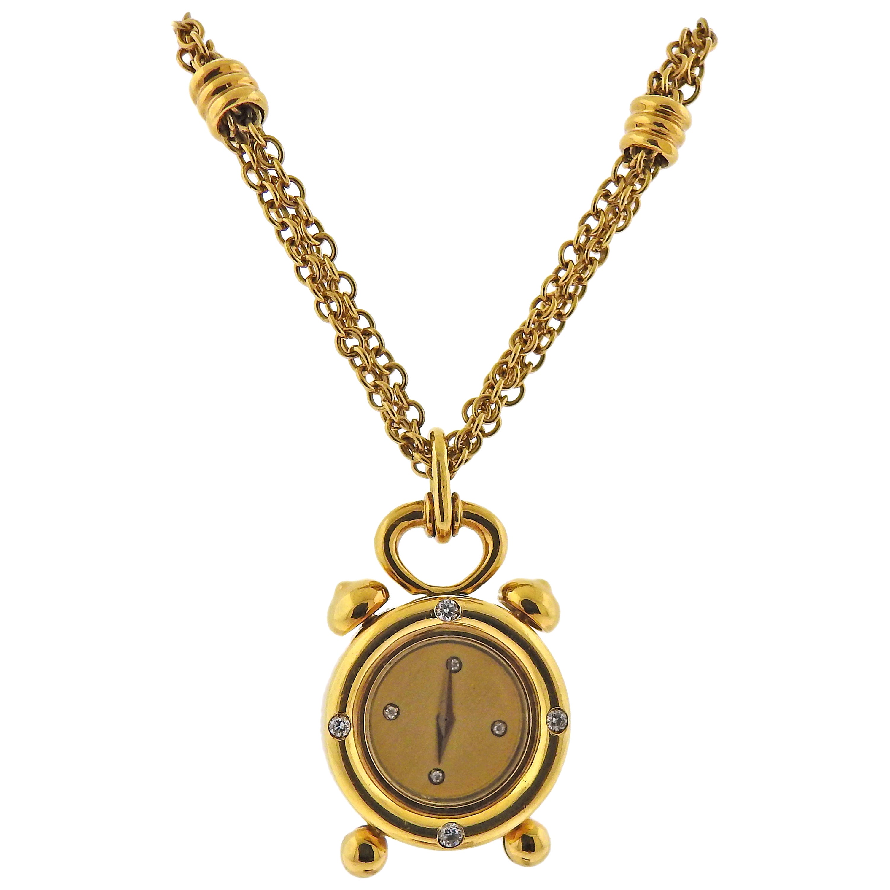 Antique Gold Silver Diamond Enamel Pocket Watch Pendant Necklace For