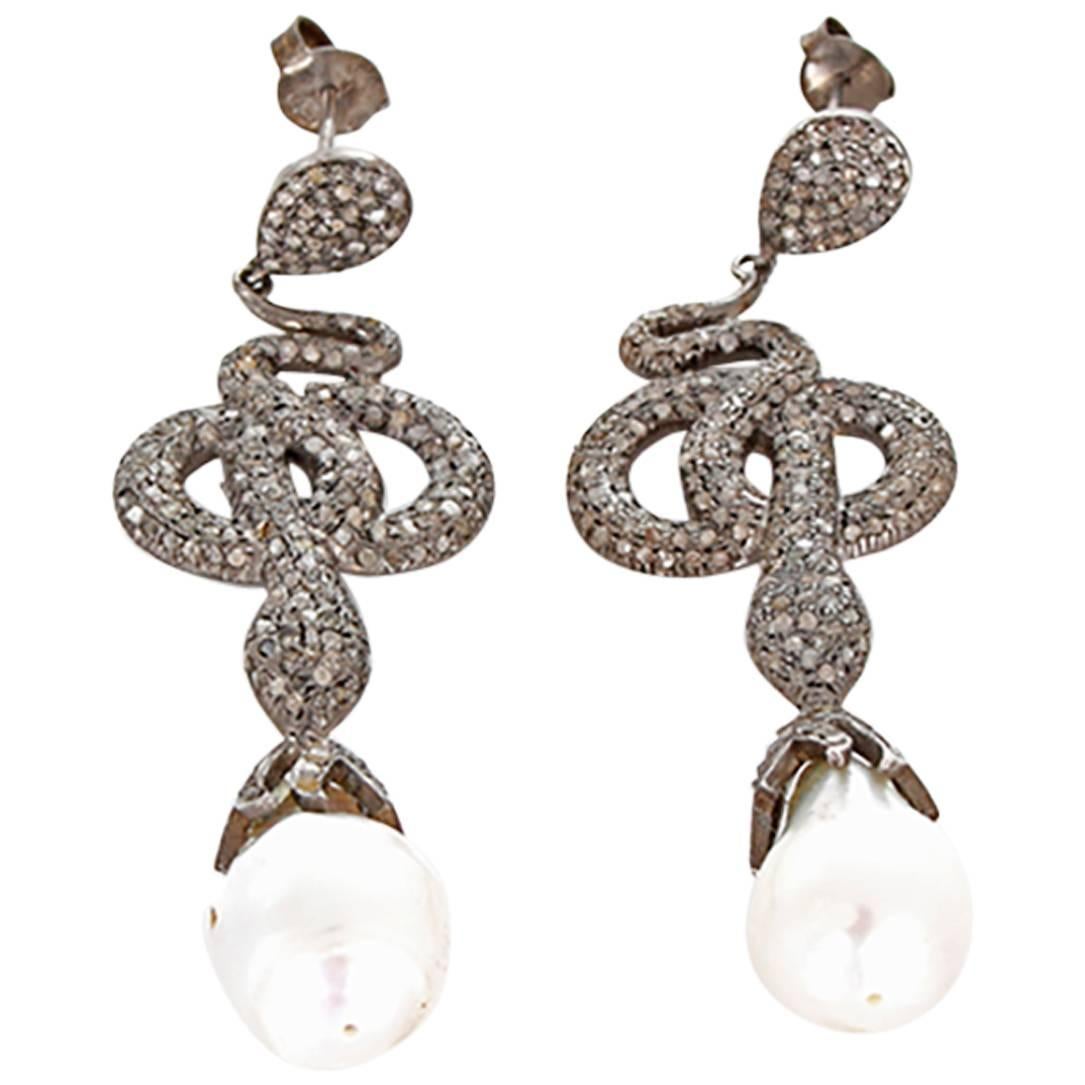 Baroque Pearl Diamond Oxidized Sterling Silver Snake Dangle Earrings