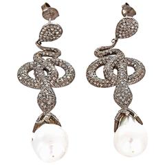 Baroque Pearl Diamond Oxidized Sterling Silver Snake Dangle Earrings 11