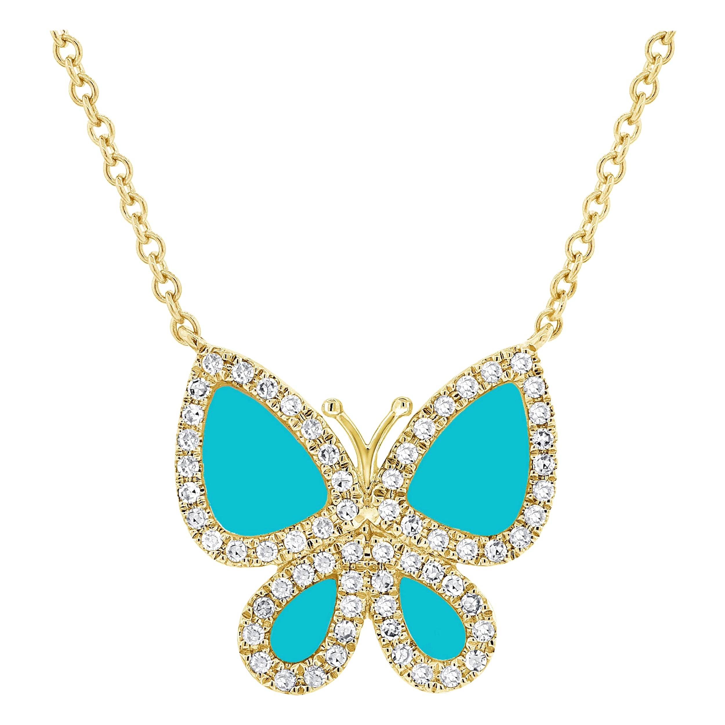 14 Karat Yellow Gold 0.15 Carat Diamond and Turquoise Butterfly Necklace For Sale