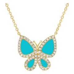 Collar Mariposa de Diamantes y Turquesa de 0,15 Quilates en Oro Amarillo de 14 Kilates
