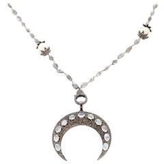 Moonstone Labradorite Pearl Diamond Sterling Silver Crescent Necklace