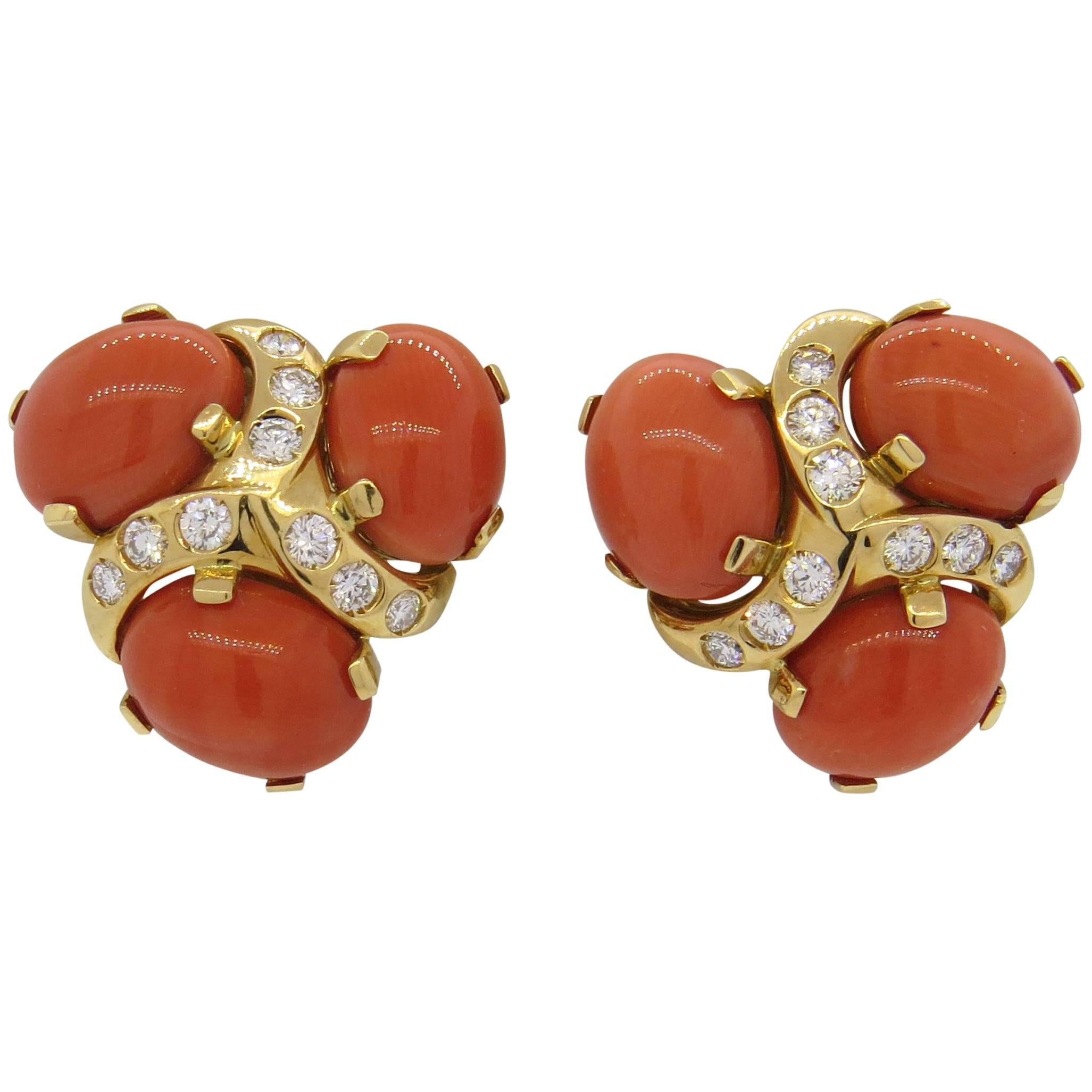 Verdura Coral Diamond Gold Earrings 