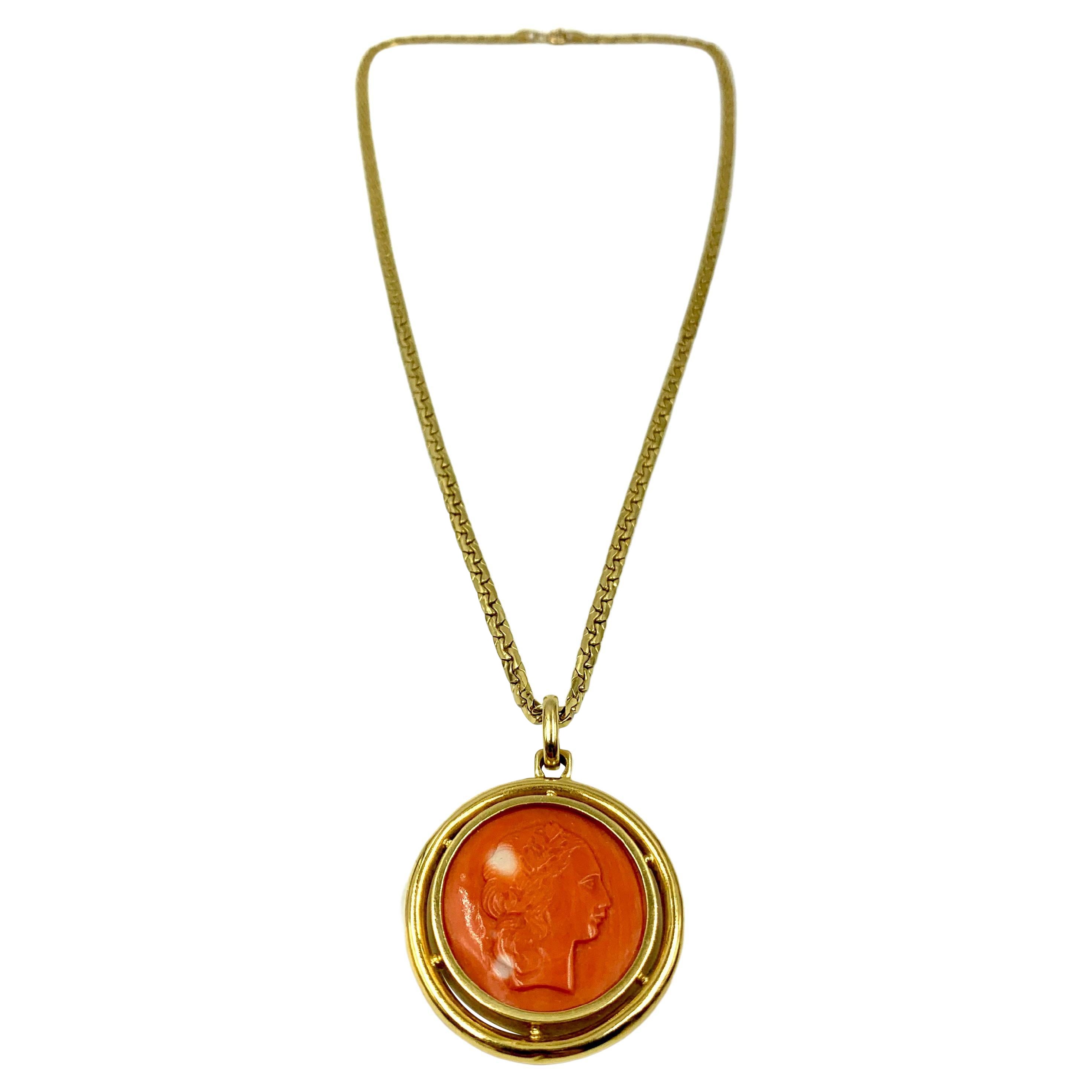 Classical Carved Red Coral 18K Gold Double-Sided Amulet Medallion Necklace For Sale