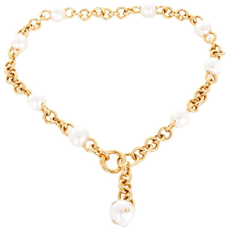 Mikimoto South Sea Pearl, Diamond, and Yellow Gold Link Necklace at 1stDibs